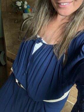 Navy Boho Tie-Neck Maxi Dress with Cream Trim